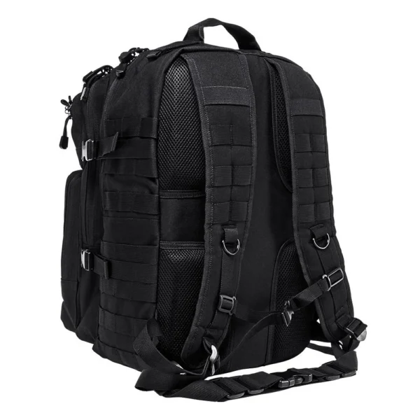 NcStar VISM Assault Backpack, black rear view with padded shoulder straps and webbing