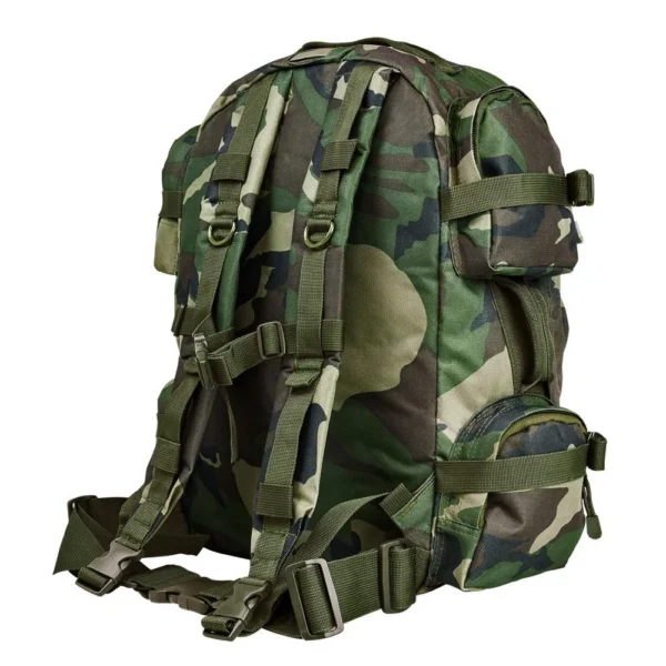 NcStar VISMTactical Backpack, woodland camouflage front view with straps and zippered pockets
