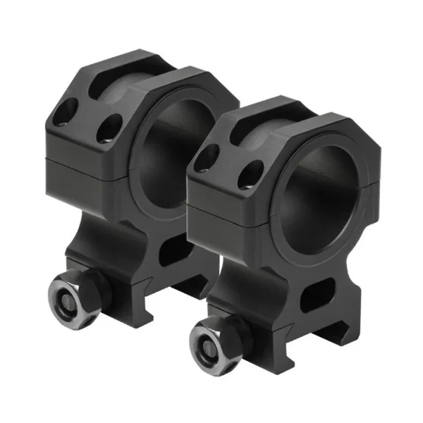 NcStar Vism Tactical Rings, two black rings in front three-quarter view with rail mounts