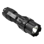NcStar Pro Series Compact LED Flashlight, black angled view with pocket clip and lit reflector