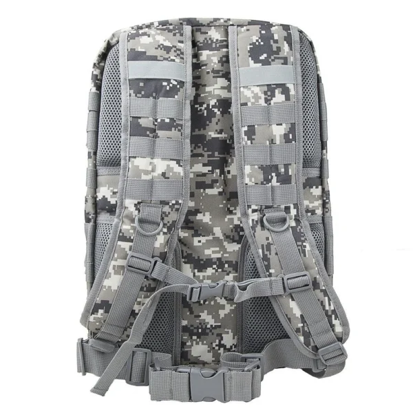 NcStar VISM Assault Backpack, rear view in gray digital camo with padded straps and waist belt