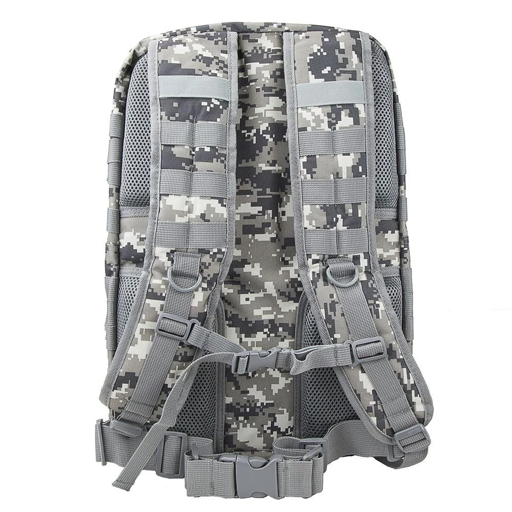 primary-44594 NcStar VISM Assault Backpack, rear view in gray digital camo with padded straps and waist belt