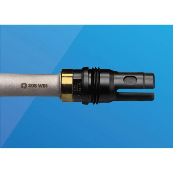 Q LLC Q Taper Adapter 1/2-28, black adapter mounted on a gray barrel against a blue background