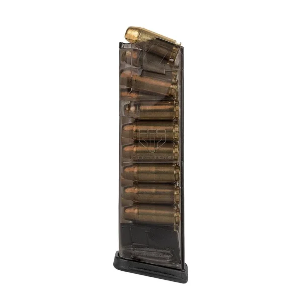 Elite Tactical Systems Carbon Smoke Handgun Magazine for Glock 22, angled view with visible cartridges