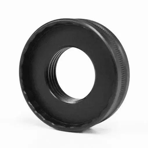 Area419 Zero Locking Die Ring, angled front view of black ring with threaded center