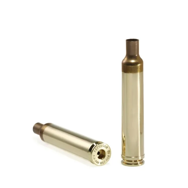 Peterson Unprimed Rifle Brass 6.5-300, two brass cases shown upright and on side