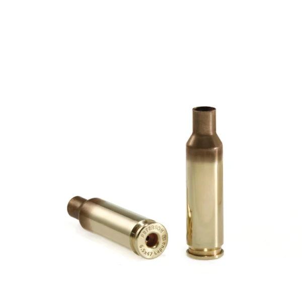 Peterson SRP Unprimed Brass 6.5x47 Lapua, two brass cases shown upright and on side