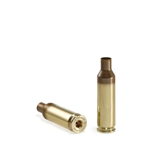 Peterson SRP Unprimed Brass, two gold-tone cases upright and on side with open neck and case head