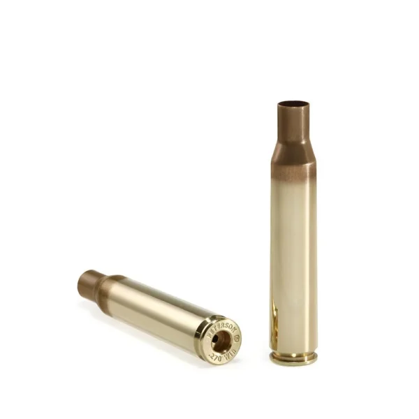 Peterson Unprimed Rifle Brass 270 Win, two gold brass cases upright and on side