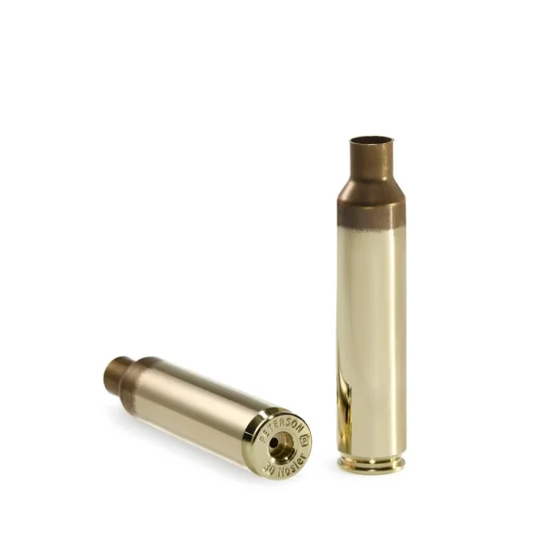 Peterson Unprimed Rifle Brass 30 Nosler, two brass cases with one upright and one showing the base