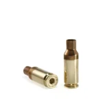 Peterson Unprimed Rifle Brass 7mm BR, two brass cases shown upright and angled