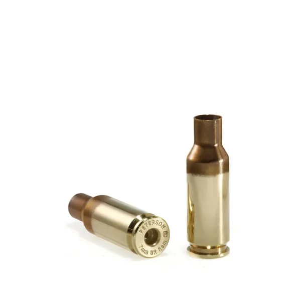 Peterson Unprimed Rifle Brass 7mm BR, two brass cases shown upright and angled