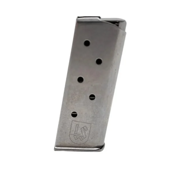 Seecamp .380 Spare Handgun Magazine, silver metal magazine shown upright from the side