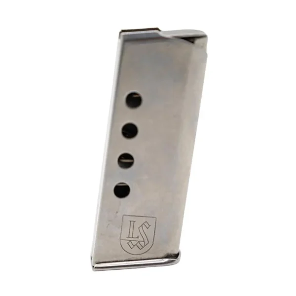 Seecamp .32 Spare Handgun Magazine, silver front view with witness holes