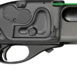 Crimson Trace Corporation Remington LaserSaddle, left-side view mounted on a black shotgun with green laser
