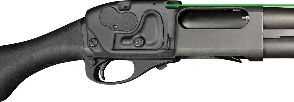 primary-44674 Crimson Trace Corporation Remington LaserSaddle, left-side view mounted on a black shotgun with green laser