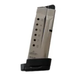 Check-Mate S&W SHIELD Compatible Handgun Magazine, stainless front view with witness holes and black base