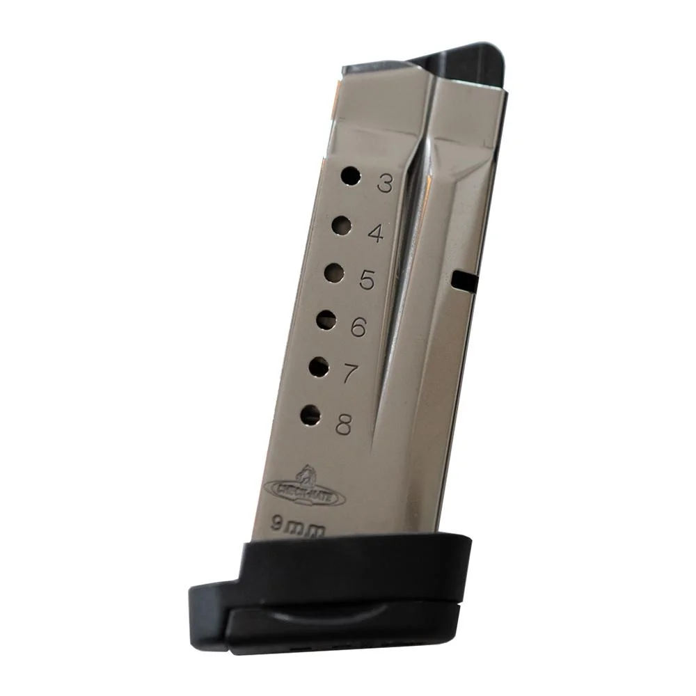 primary-44684 Check-Mate S&W SHIELD Compatible Handgun Magazine, stainless front view with witness holes and black base