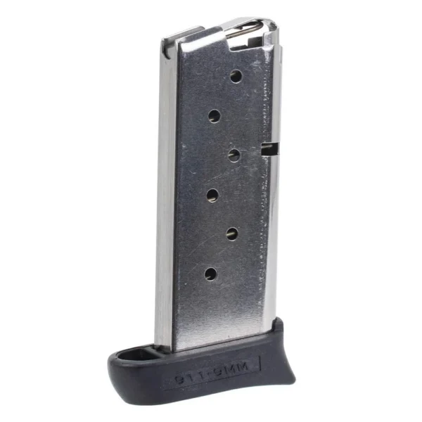 Check-Mate Sig 938 stainless steel handgun magazine, angled front view with black baseplate