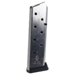 Check-Mate Full Size 1911 Handgun Magazine, angled view of stainless body with witness holes and black base
