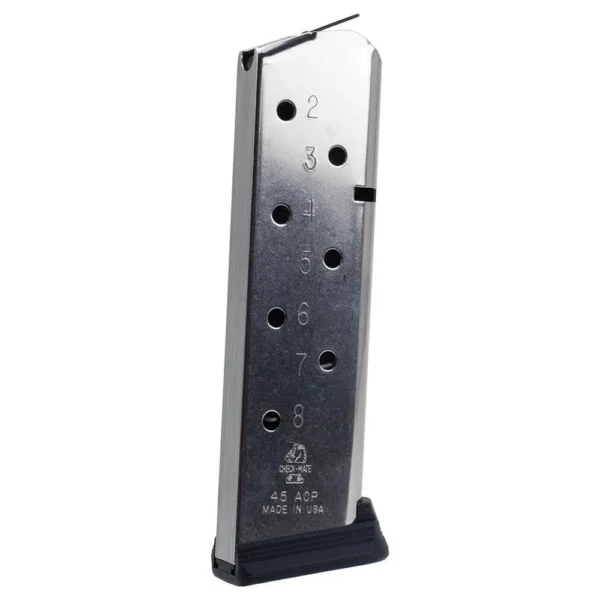 Check-Mate Full Size 1911 Handgun Magazine, angled view of stainless body with witness holes and black base