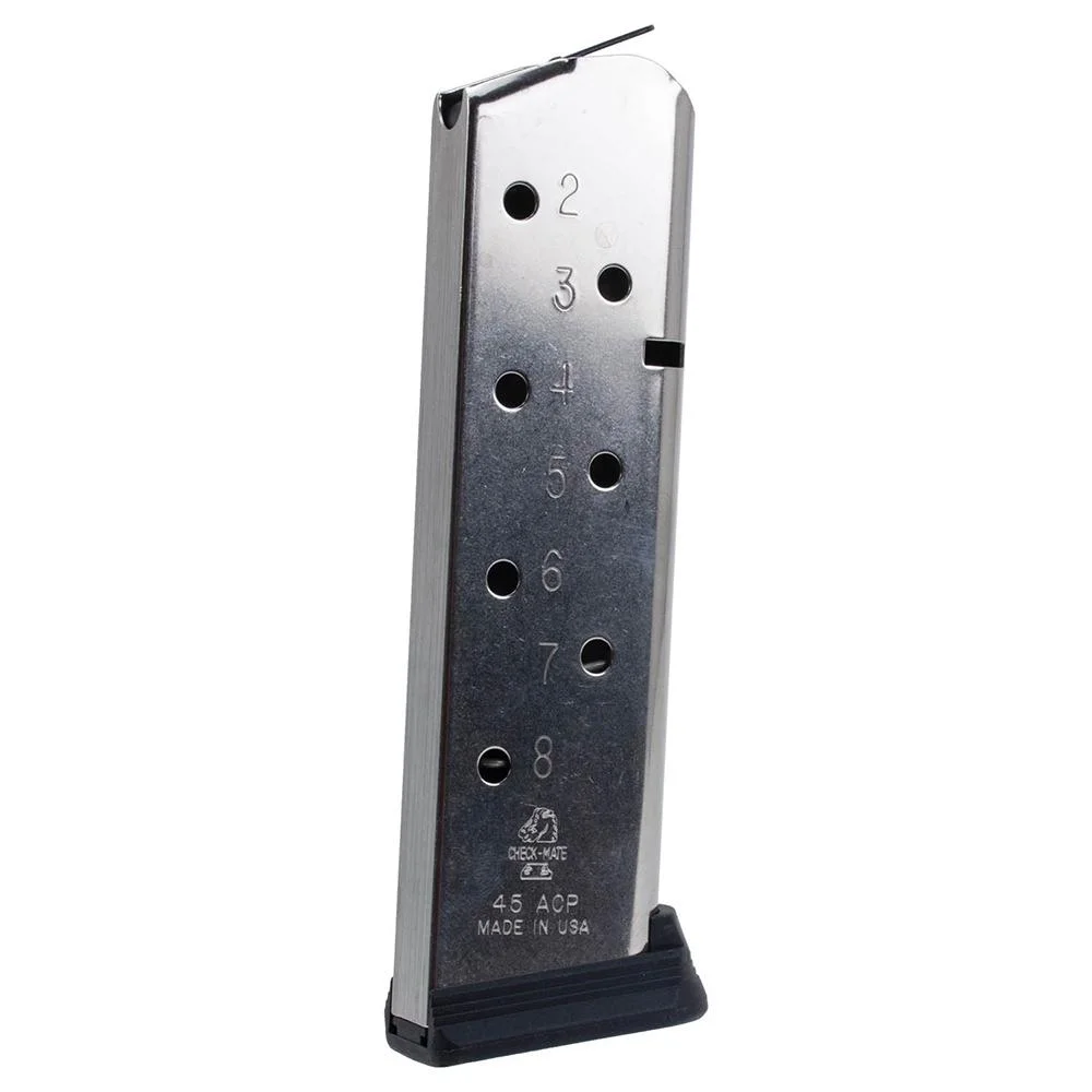 primary-44697 Check-Mate Full Size 1911 Handgun Magazine, angled view of stainless body with witness holes and black base