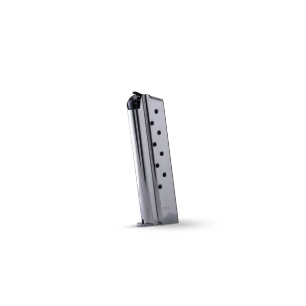 Check-Mate Full Size 1911 Handgun Magazine, angled view of stainless body with witness holes