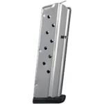 Check-Mate Full Size 1911 Handgun Magazine, angled view of silver body with witness holes and black base