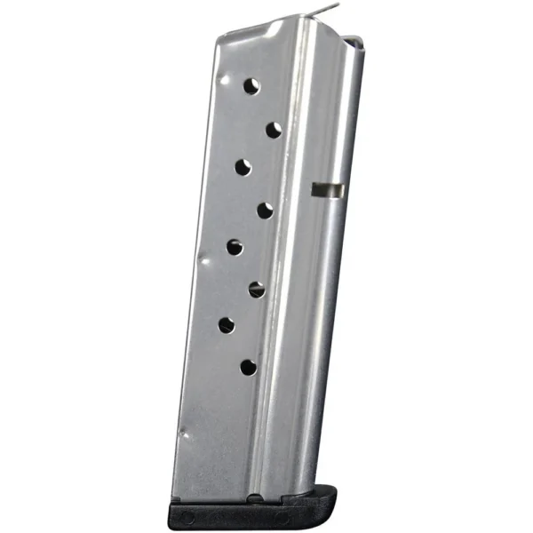 Check-Mate Full Size 1911 Handgun Magazine, angled view of silver body with witness holes and black base