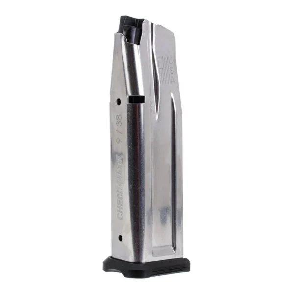 Check-Mate Staccato 2011/Kimber 2K11 stainless steel magazine, angled side view with black base