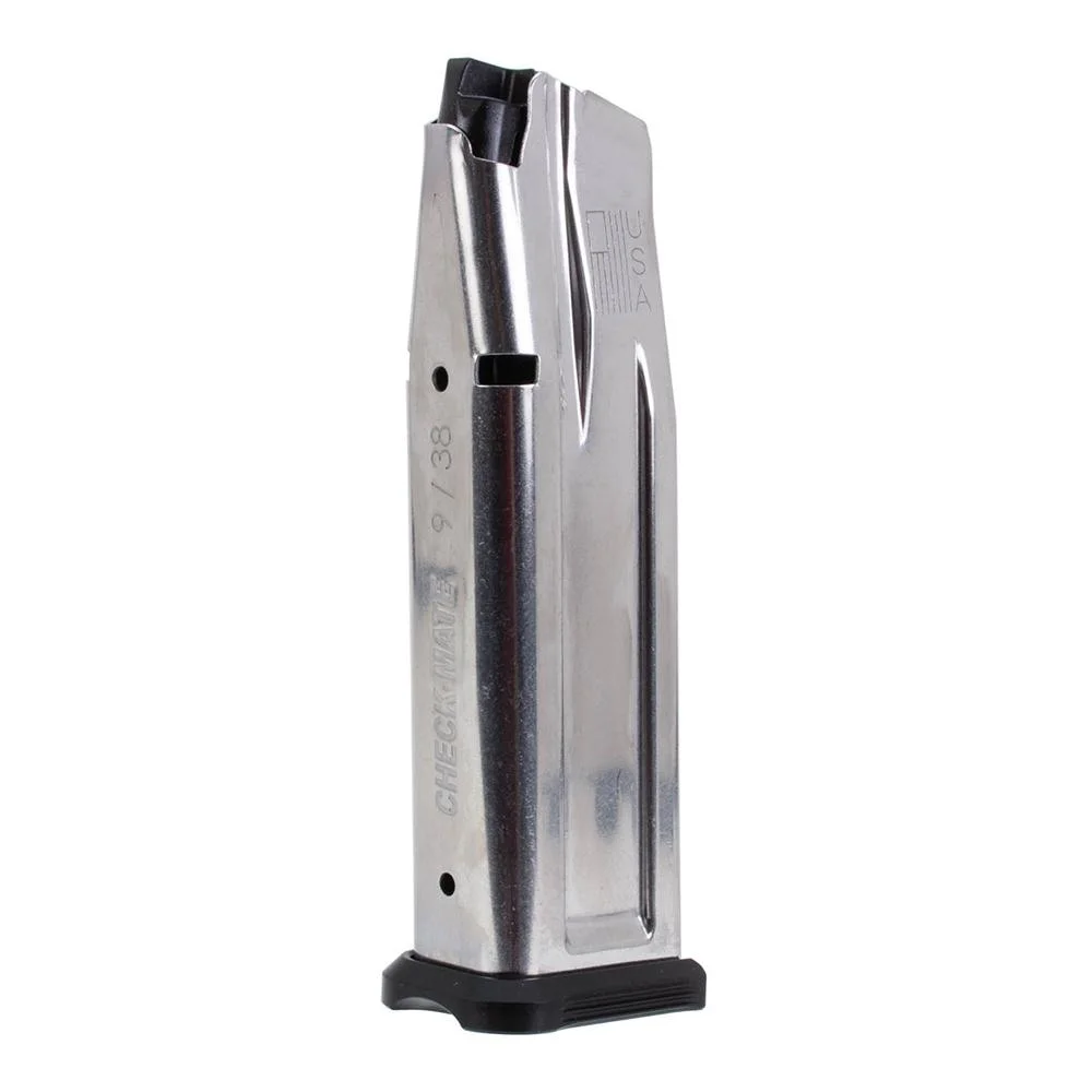 primary-44707 Check-Mate Staccato 2011/Kimber 2K11 stainless steel magazine, angled side view with black base