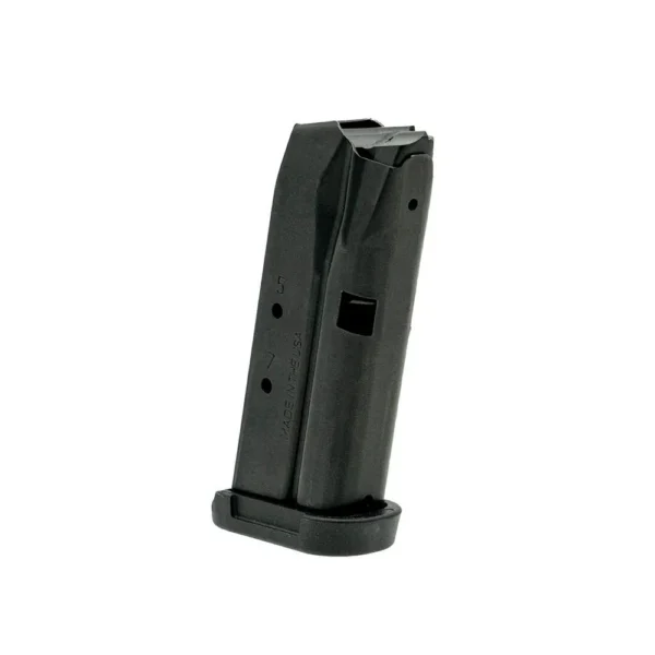 Shield Arms Z8 handgun magazine, black angled side view with witness holes and extended baseplate