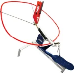 Do-All Outdoors FlyWay One HD Clay Pigeon Thrower, angled view with red arm and blue pedal
