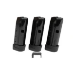 Shield Arms Z9 Handgun Magazine, three black magazines with baseplates and a small metal part