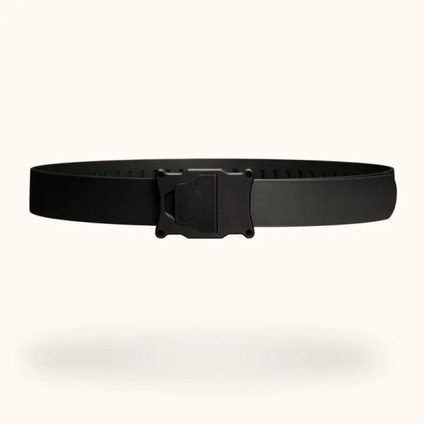 Shield Arms Apogee Belt, front view of black belt with black rectangular buckle