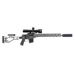 Q LLC Q Mini Fix Rifle, grey right-side view with scope, skeletal stock and cylindrical muzzle device