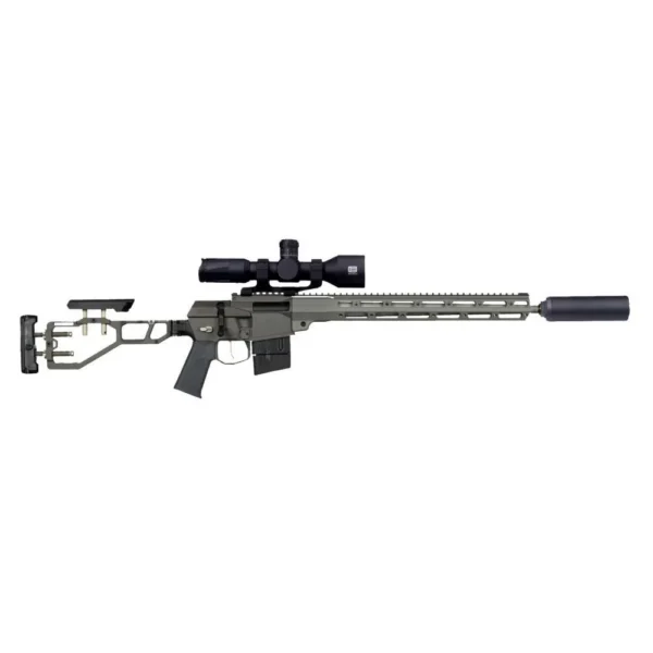 Q LLC Q Mini Fix Rifle, grey right-side view with scope, skeletal stock and cylindrical muzzle device