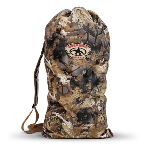 Rig'Em Right Turkey Decoy Bag, Optifade Timber camouflage front view with drawstring top and straps