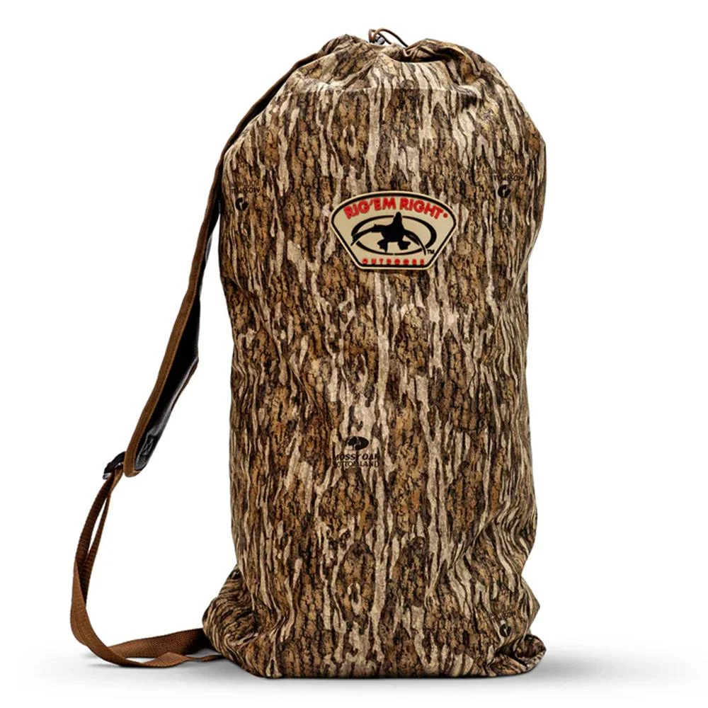 primary-44763 Rig'Em Right Turkey Decoy Bag Mossy Oak Bottomland upright camouflage bag with shoulder strap