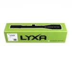 Viridian LYXA Rifle Scope, green and white retail box in angled front view
