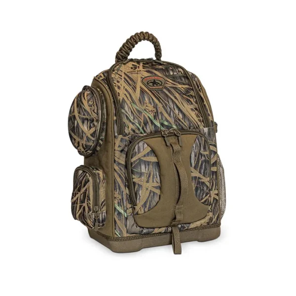 Rig'Em Right Lowdown Floating Backpack in Mossy Oak Shadowgrass, front view with pockets and handle