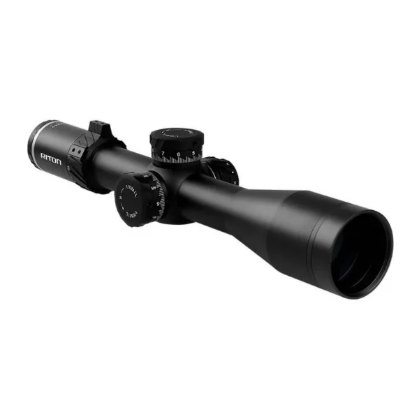 Riton 7 Conquer 3-18x50 Rifle Scope in black, angled side view with adjustment turrets