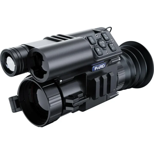 Pard FT34-LRF black thermal clip-on scope, angled right-side view with buttons and lens caps