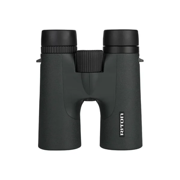 Riton 5 Primal Binocular 10x42 ED, green front view with black eyecups and center focus wheel