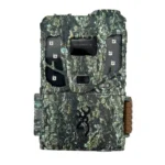Browning Defender Pro Scout Max Extreme HD, front view in tree-bark camo with open lower panel