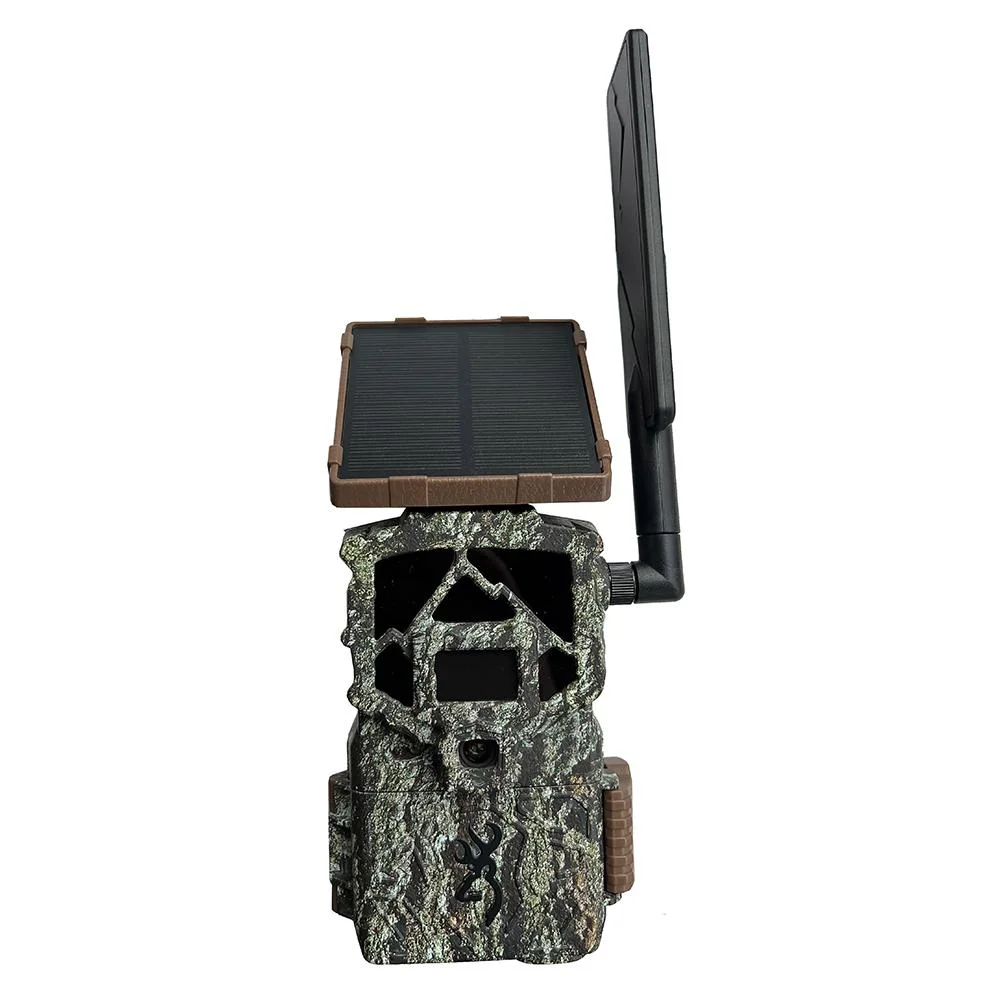 primary-44804 Browning Defender Pro Scout Max HD Solar trail camera, camo front view with antenna