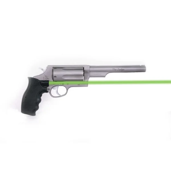 Viridian Grip green laser Taurus Judge, left-side view on silver revolver with green beam