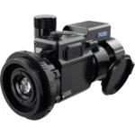 Pard Predator, black clip-on thermal scope angled front view with lens caps and top controls