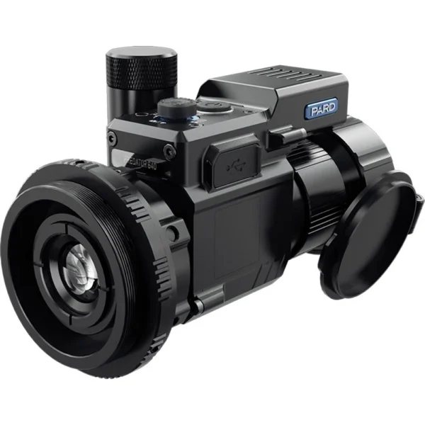 Pard Predator, black clip-on thermal scope angled front view with lens caps and top controls