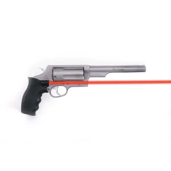 VIRIDIAN GRIP RED LASER TAURUS JUDGE gray revolver, left-side view with red laser beam